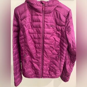 Marmot Hooded Thin Puffer Jacket in Deep Purple with Pink Trim